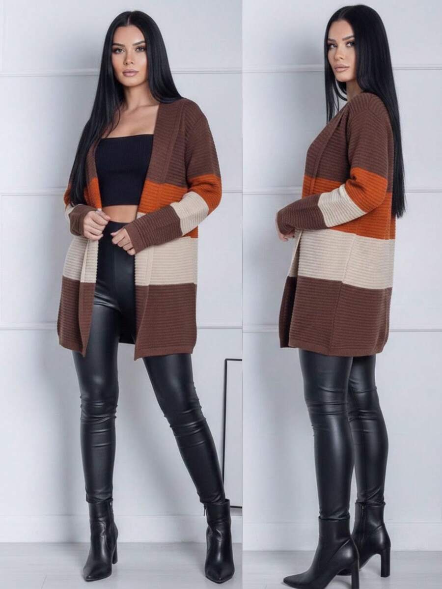 Women's Warm Tricolor Knitted Winter Coat - ba màu nâu - Xem 1