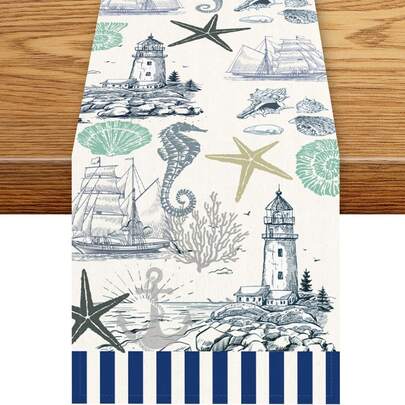 Nautical Table Runner, Summer Ocean Starfish Coastal Ship Anchor Beach Coral Countryside Cafe Table Center Decor For Home Kitchen Farmhouse Outdoor Holiday Party Dining Table