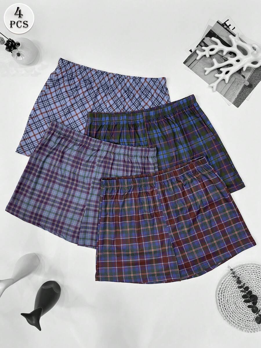 Bộ 4 quần pajama nam in họa tiết kẻ caro, kiểu dáng rộng rãi thoải mái. - Màu xanh lam - Xem 1