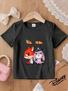 Disney 1pc Baby Girl Kids  Judy Nick T-Shirt Q-Version Print Short Sleeve, Unisex Summer Casual Top, Baby Girl Daily Wear Versatile, Breathabd Sweat-Free, Suitable For Spring/Summer, Vacation, Outdoor Activities, Also As A Kids Gift - màu đen - Xem 2