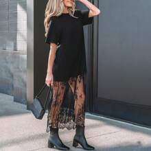 Women's Oversized T-Shirt Maxi Dress With Sheer Lace Hem Drop Shoulder Short Sleeve Perfect For Street Style - Black - View 12