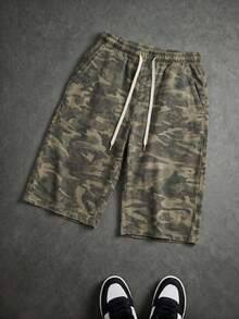 Pantalones cortos de verano casuales de hombre FRACTYR con ajuste holgado, cordón, estampado de camuflaje y pernera ancha, transpirables y cómodos para el uso en verano - Verde militar - Ver 6