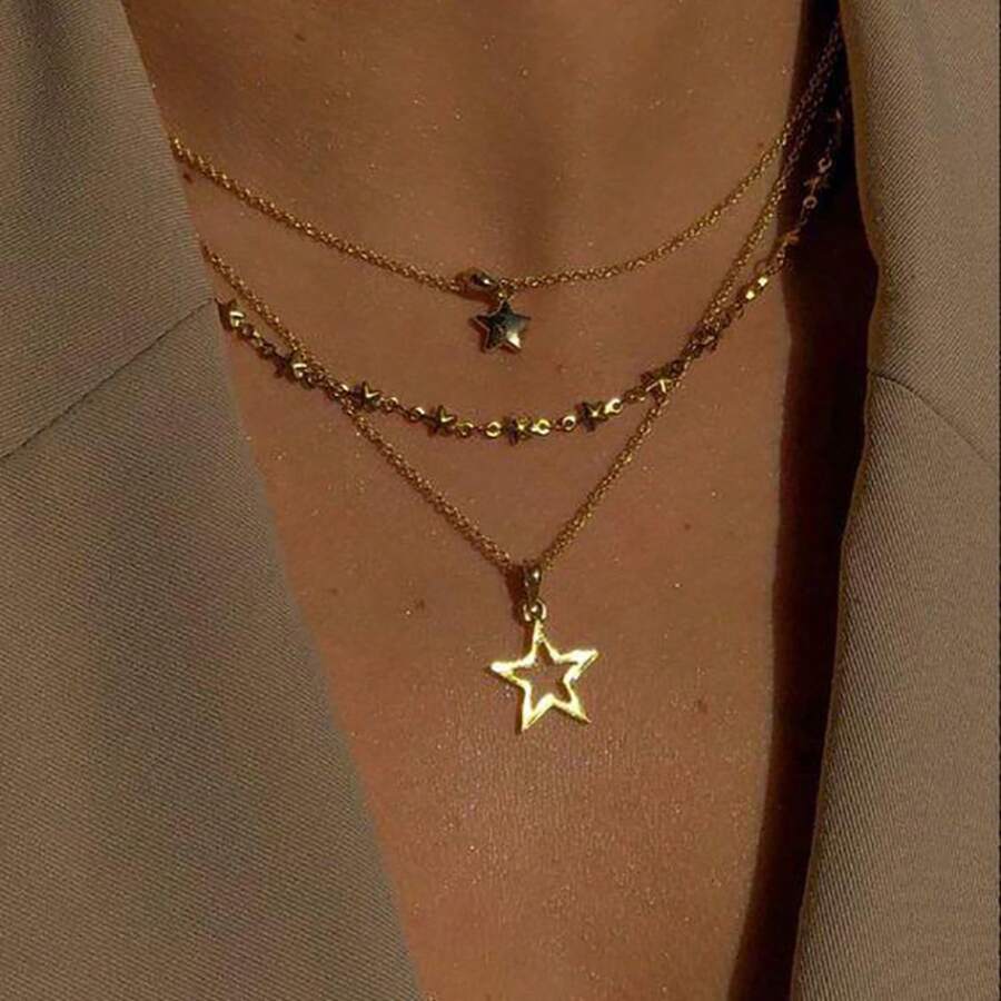New Hollowed-Out Pentagram Pendant Necklace, Creative And Unique Vintage Multi-Layered Collarbone Chain For Women. Mom Gift, Teacher Gift, Summer Travel Beach Jewelry, Boho Jewelry, Rave/Prom/Party/Daily Accessories, Back To School Gift, Birthday Gift, Bridesmaid Gifts - 5766302HB - 查看 1