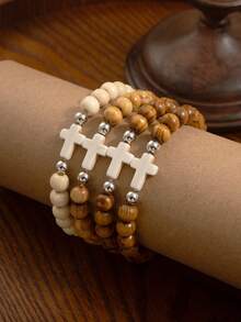 RINTOLER Bộ 4 vòng tay hạt gỗ hình thánh giá tối giản, đa năng, phù hợp với trang phục thường ngày của nam giới, quà tặng cho bạn trai. - Nhiều màu - Xem 1