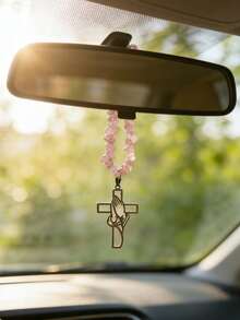 1pc Stone Chain Prayer Cross Car Pendant Car Rearview Mirror Ornament Car Interior Decoration Accessories - A - View 2