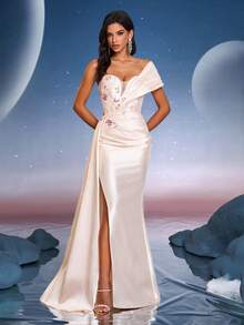 Women's Elegant Waist-Cinched Sequin Floral Print Slit Design Party Dress - Champagne - View 4