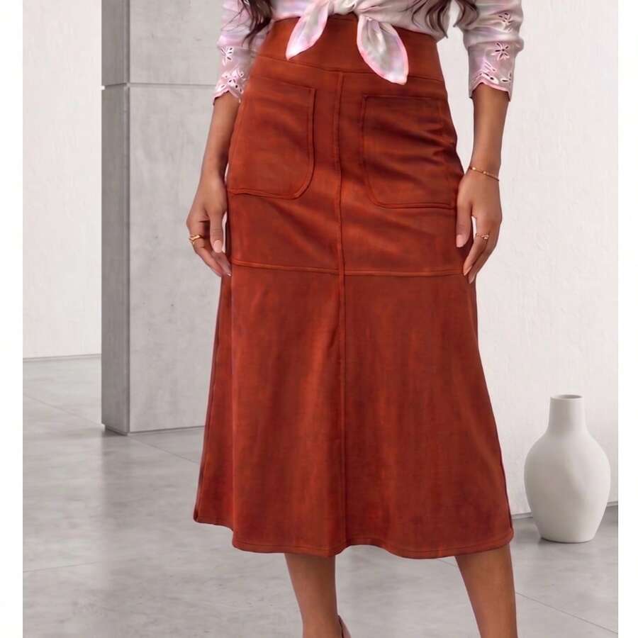 WOMEN'S SUEDE SKIRT WITH ZIPPER AND POCKET. STYLE AND ELEGANCE. - Terracotta - View 1