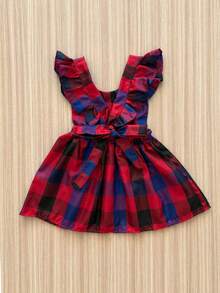 Children's June Festival Dress, Red, Black, Blue Checkered Pattern, Bow Back, Girl, 2-6 Years Old, Checkered Romper, Country Style, São João Junino - Caro đỏ và xanh - Xem 7