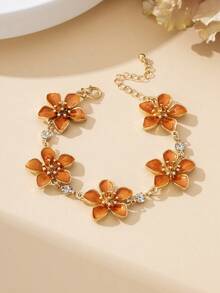 1 pieza Tobillera con flor de 5 pétalos naranja inspirada en la dopamina, con un estilo retro elegante y energético, adecuada para vacaciones, viajes, citas, uso diario, joyería elegante para mujeres - Naranja - Ver 2