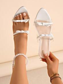 Women's Bow Tie Stiletto Mule Shoes, Transparent Strap Open Toe Slip-On Sandals, Suitable For Party And Daily Wear - White - View 3