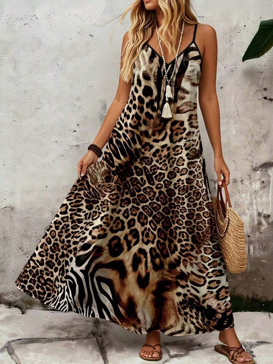 Vestido casual con estampado floral, de tiras de espagueti y cuello en V para mujer de talla grande, cómodo para vacaciones - Multicolor - Ver 1