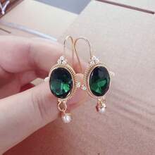 1 Pair Vintage Round Synthetic Dark Green Earrings, Fashion Creative Pendant Earrings For Women, Suitable For Holidays And Parties - Green - View 2