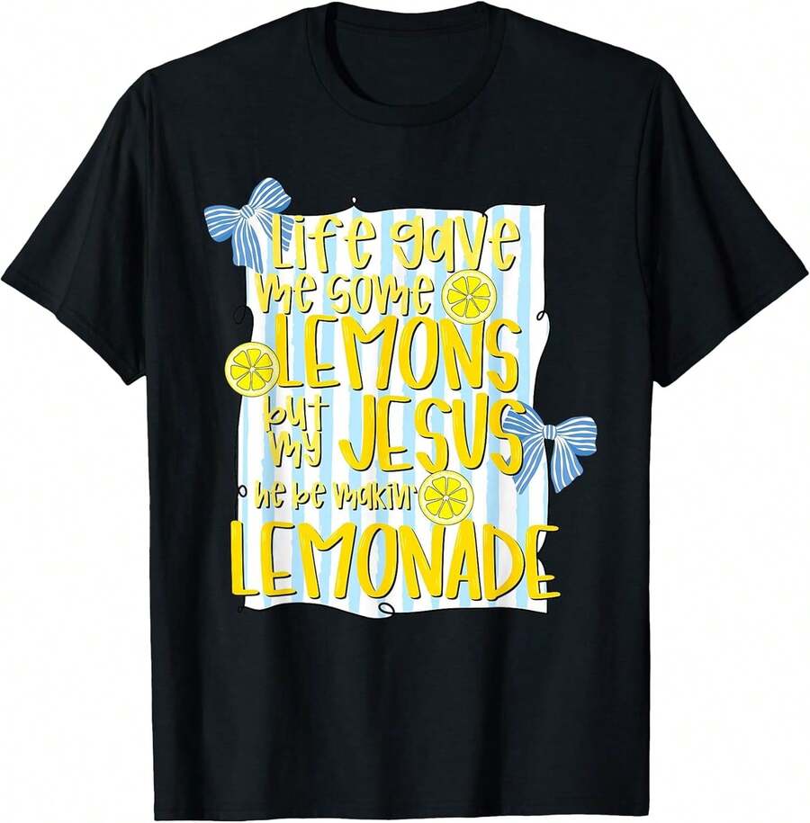 Playera con estampado de limón y letrero rayado Cuello redondo Manga corta Para ropa casual ligera - Negro - Ver 1