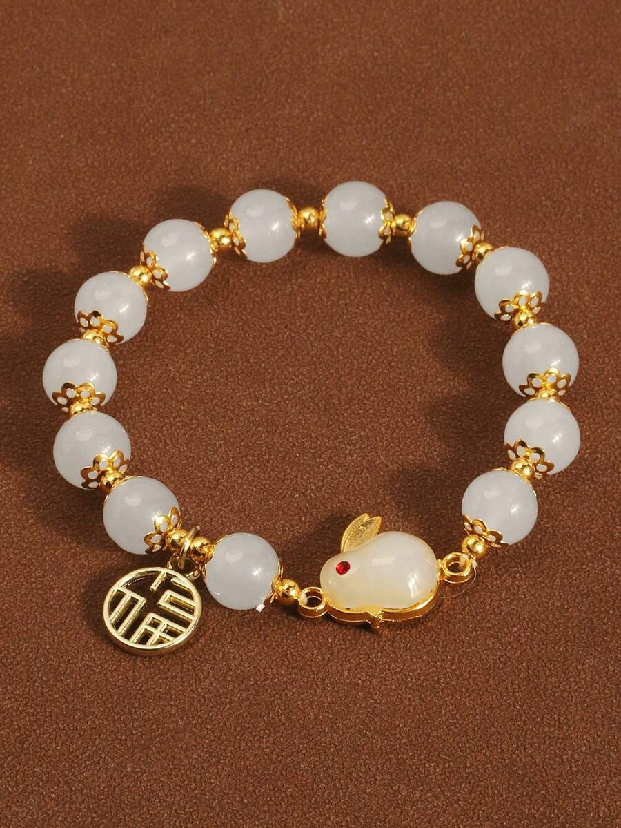 1 pièce Bracelet Lapin en Jade (Lapin et Symbole de Bénédiction de Direction Colorés au Hasard) - Multicolore - Voir 1