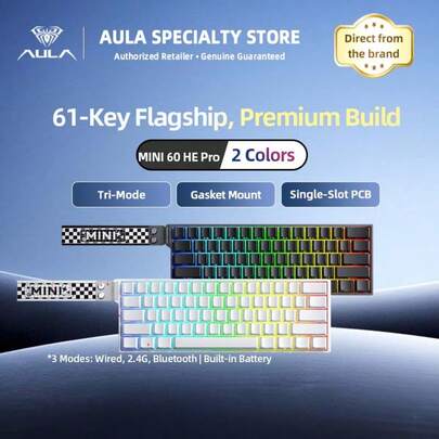 AULA Mini60 HE PRO Mekanik Klavye, 61 Tuşlu Mini Düzen, 3 Modlu Kablosuz (Bluetooth/2.4GHz/Kablolu), Değiştirilebilir Tuşlar, RGB Arka Aydınlatma, Ultra Düşük Gecikme Süresi, PC/Dizüstü Bilgisayar Oyunları İçin Uygun