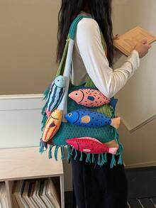 1pc Colorblock Fish Design Large Capacity Shoulder Tote Bag, Fashionable Crochet Bag, Bohemian Style Beach Vacation Daily Use For Women - Green - View 4