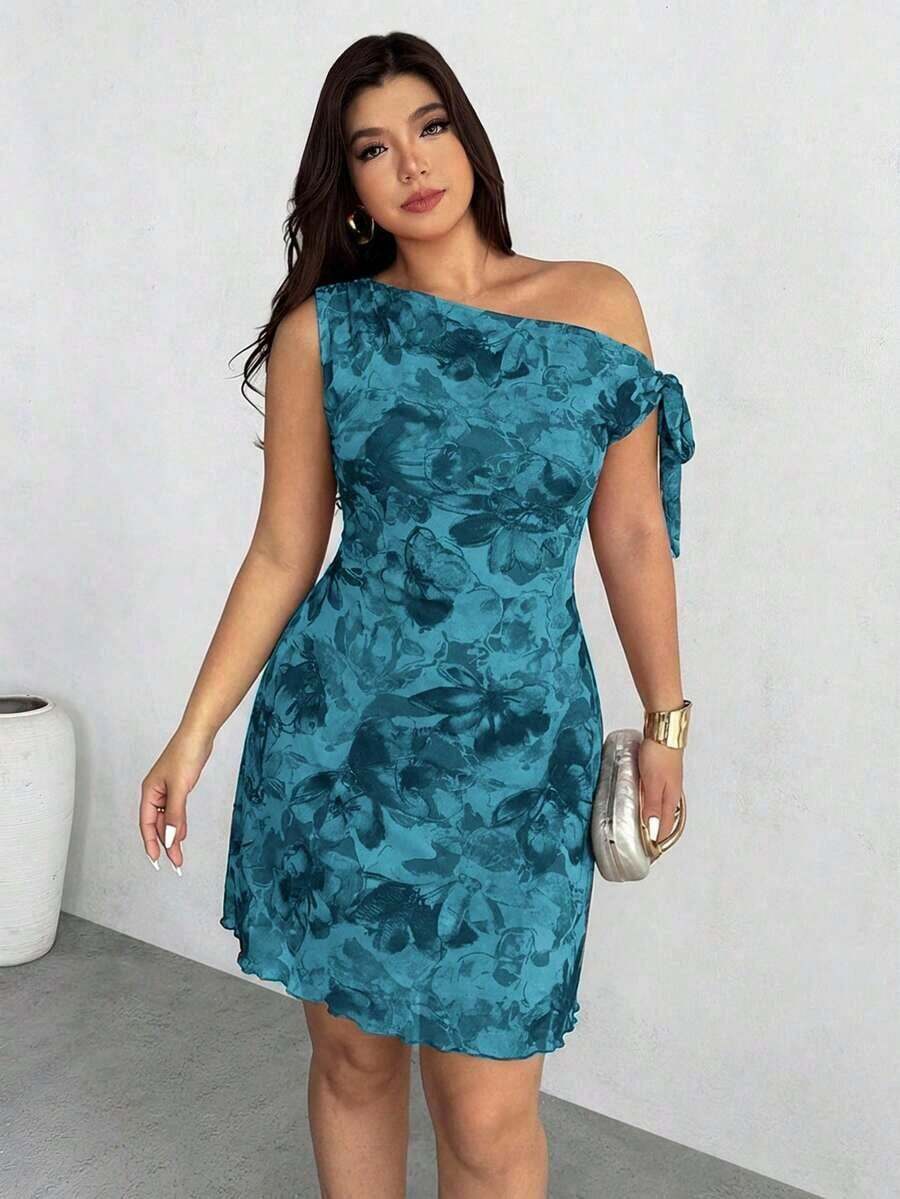 Vestido mini de vacaciones elegante y sexy con hombro asimétrico y estampado floral para mujer de talla grande, vestido de malla con efecto tie-dye y estampado floral elástico, vestido con cuello asimétrico, ropa de primavera/verano, atuendo de playa, elegante, sexy, vacaciones, playa, Hawái, cita, fiesta, festival de música, vestido de graduación, vestido de graduación - Azul - Ver 1