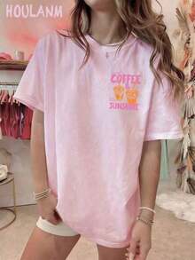 2026 Tropical Vacation Outfits"Iced Coffee & Sunshine" Orange Cup Print T-Shirt |    Clothes Women, Loose Fit, Summer Tops, Spring Vibes, Cozy Aesthetic TeeLoose And Comfortablegoing Out Outfits - Màu Hồng baby - Xem 2