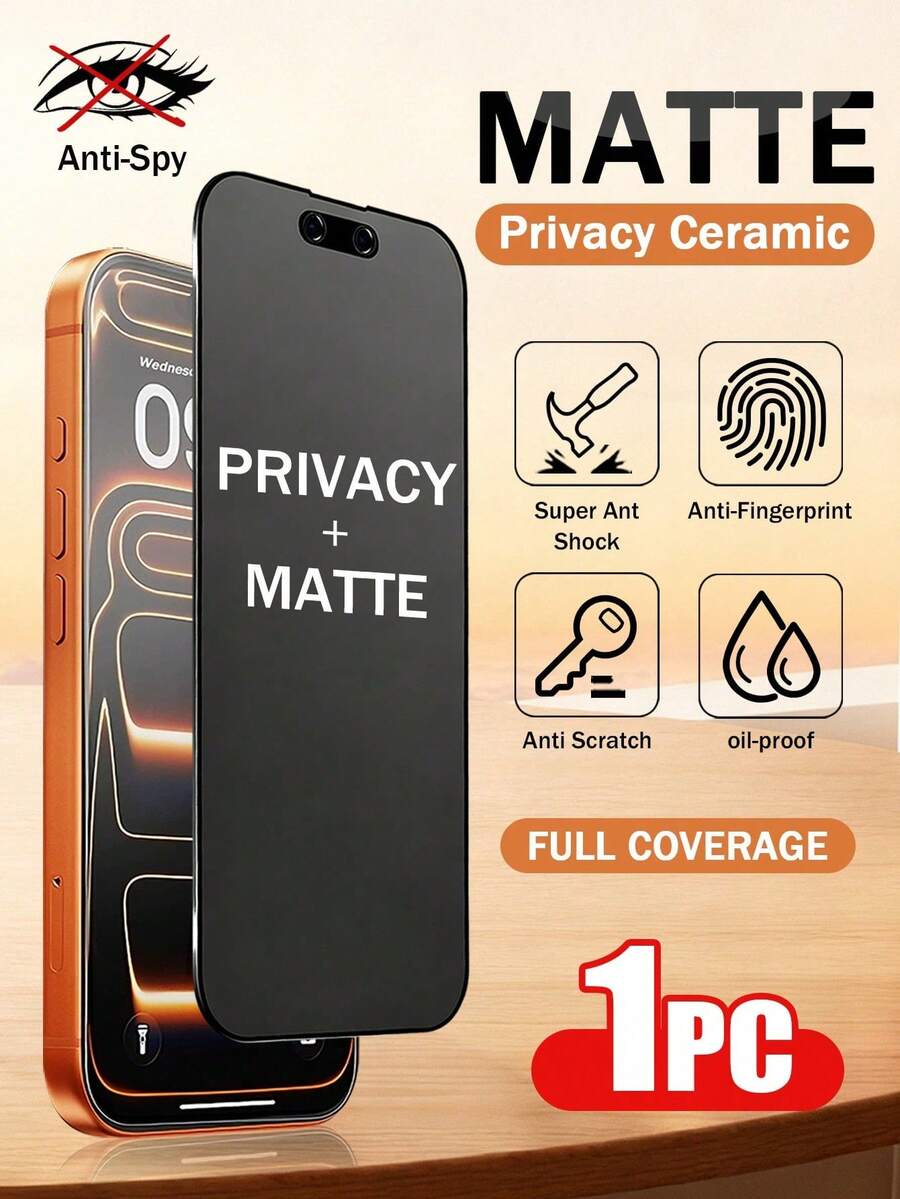 适用于 17/Air/17 Pro/17 Pro Max/16 Pro Max/15 Pro Max/14 Pro Max/13/12/11 Pro Max 系列的磨砂隐私陶瓷屏幕保护膜,防窥、防指纹、防刮、防油、超强抗震、全覆盖、触控灵敏、无气泡手机膜 - 黑色 - 查看 1