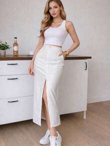 Women's High Waist Midi Skirt With Vertical Stripes, Front Slit, Straight A-Line Skirt, Special Cat Eye Style Buttons - 白色 - 查看 4