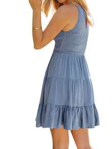 Women's Casual Dress, Round Neck Sleeveless Solid Color Pullover Ruched A-Line Mini Dresses - Blue - View 6