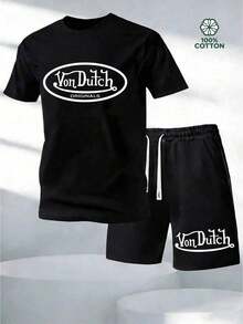 Two-Piece Set For Men, Retro Y2K Style, Casual T-Shirt And Shorts With  Logo Print. Printed T-Shirt. Men's Clothing. Shorts. Two-Piece Set For Men2026 - 黑色 - 查看 12