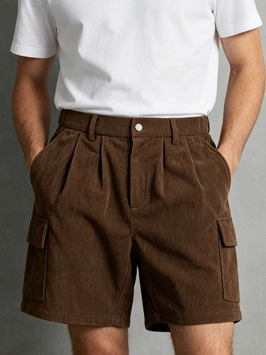 Loose Fit Corduroy Cargo Shorts For Men, Summer - Coffee Brown - View 1