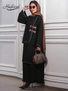 Hafizah Đầm Abaya kiểu Dubai Trung Đông với gấu xếp ly và cúc da, màu đen, thích hợp cho mùa xuân. - màu đen - Xem 1