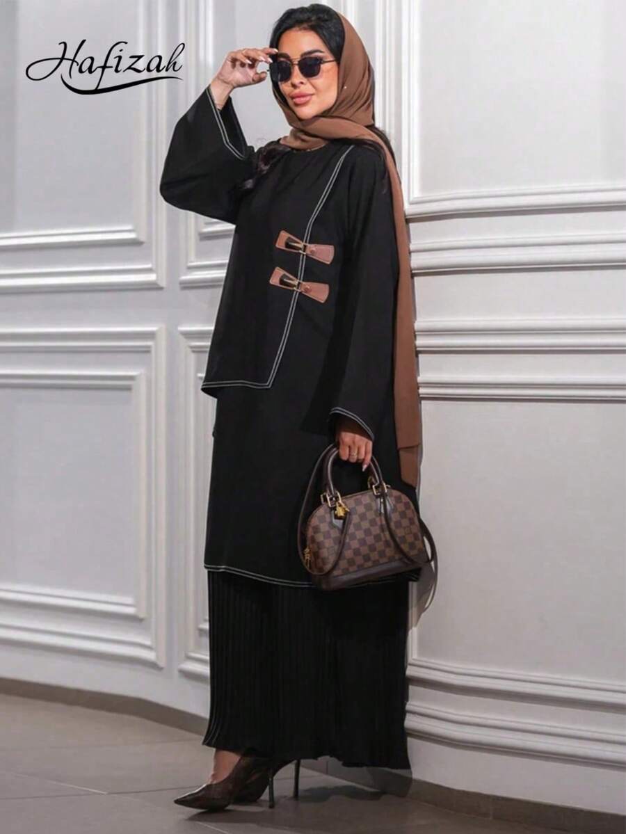 Hafizah Đầm Abaya kiểu Dubai Trung Đông với gấu xếp ly và cúc da, màu đen, thích hợp cho mùa xuân. - màu đen - Xem 1