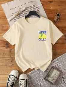 1psCamiseta de manga corta con cuello redondo y estampado de limón casual para mujeres , diseño minimalista, top de uso diario, suelto y cómodo2026 - Caqui - Ver 2