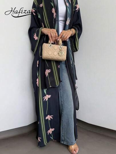 Hafizah 2pcs Modest Printed Cardigan & Headscarf Set, Middle Eastern Dubai Style Abaya Wedding Black Spring Party