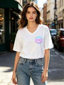 Customized V-Neck Women's T-Shirt, Summer , Customized Print Design White - White - View 2