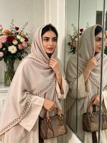 1 Set Embroidered Muslim Hijab, Suitable For Matching Abaya Robe, 3 Color Options Available, Convenient For Muslim Outdoor Wear And Prayer - Multicolor - View 8