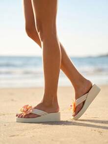 Women's Floral Decor EVA Platform Thick Sole Vacation Party Summer Flip Flops - Beige - View 4