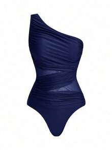 Traje de baño de una pieza para mujer para playa piscina vacaciones semana santa brunch y salidas a la playa, diseño de hombro único con drapeado y tul transparente que resalta la silueta color marrón sólido tela elástica de secado rápido apto para verano y temporadas cálidas - Azul marino - Ver 4