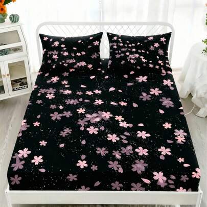 1PC Cute Pink Cherry Blossom Floral Pattern Fitted Sheet Mattress Protector Bed Sheet Soft Skin-Friendly Non-Slip Bedding Suitable For Twin/Full/Queen/King Size Bed, Machine Washable, Ideal For Bedroom Decor