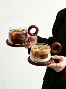 1 Set Vintage Glass Cup & Saucer, Niche Creative Latte Art Cup, Ins-Style High-End Coffee Cup & Saucer, Exquisite Afternoon Tea & Dessert Cup, High-Grade Wooden Handle Iced American Cup, Home Breakfast Milk & Juice Drinking Cup & Saucer, Office Water Cup. Suitable For Restaurant, Living Room, Cafe, Gathering, Party, Wedding. - Multicolor - View 8