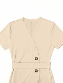 1pc Women's Elegant Solid Color V-Neck Button Slit Fitted Dress, Chic Office & Casual Wear, Spring/Summer - Apricot - View 6