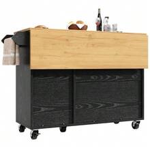 Kitchen Island, Dining Trolley With Wood Grain Finish, Sideboard, 130x45(75)X92cm, Extendable Kitchen Trolley With Wheels, Towel Rack, Spice Rack, Adjustable Dividers, 3 Doors, White/Black - 黑色 - 查看 11