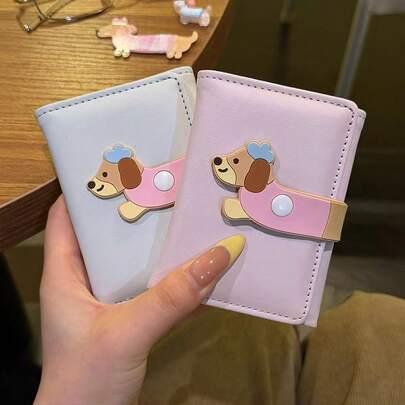Cute Dog Design Compact Wallet, Korean Style Small Portable Multi-Function Card Holder & ID Case