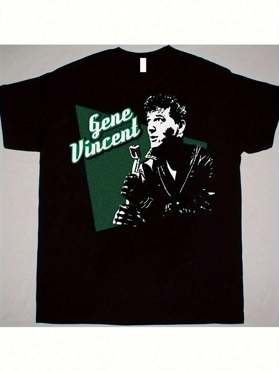 T-shirt graphique rock vintage Gene Vincent - Confectionné en tissu épais de 225 g/m², ce t-shirt rétro à imprimé géométrique arbore un motif géométrique. Ce modèle décontracté à manches courtes et col rond est idéal au quotidien et respirant pour l'été. - Noir - Voir 1