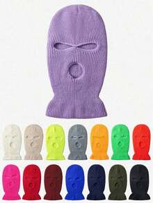 1pc Y2K Style Candy Color Thick 3-Hole Balaclava Ski Mask, Unisex, Versatile For Outdoor, Casual, Commuting, Warm For Winter Autumn Outfits - Burgundy - Xem 1
