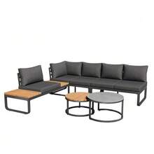 Garden Furniture Set (4-5 Seats), 2 Stackable Coffee Tables, Galvanized Iron Frame, Comfortable Garden Furniture, Grey Cushions And Pillows Included, With Adjustable Legs. - Grey - View 6