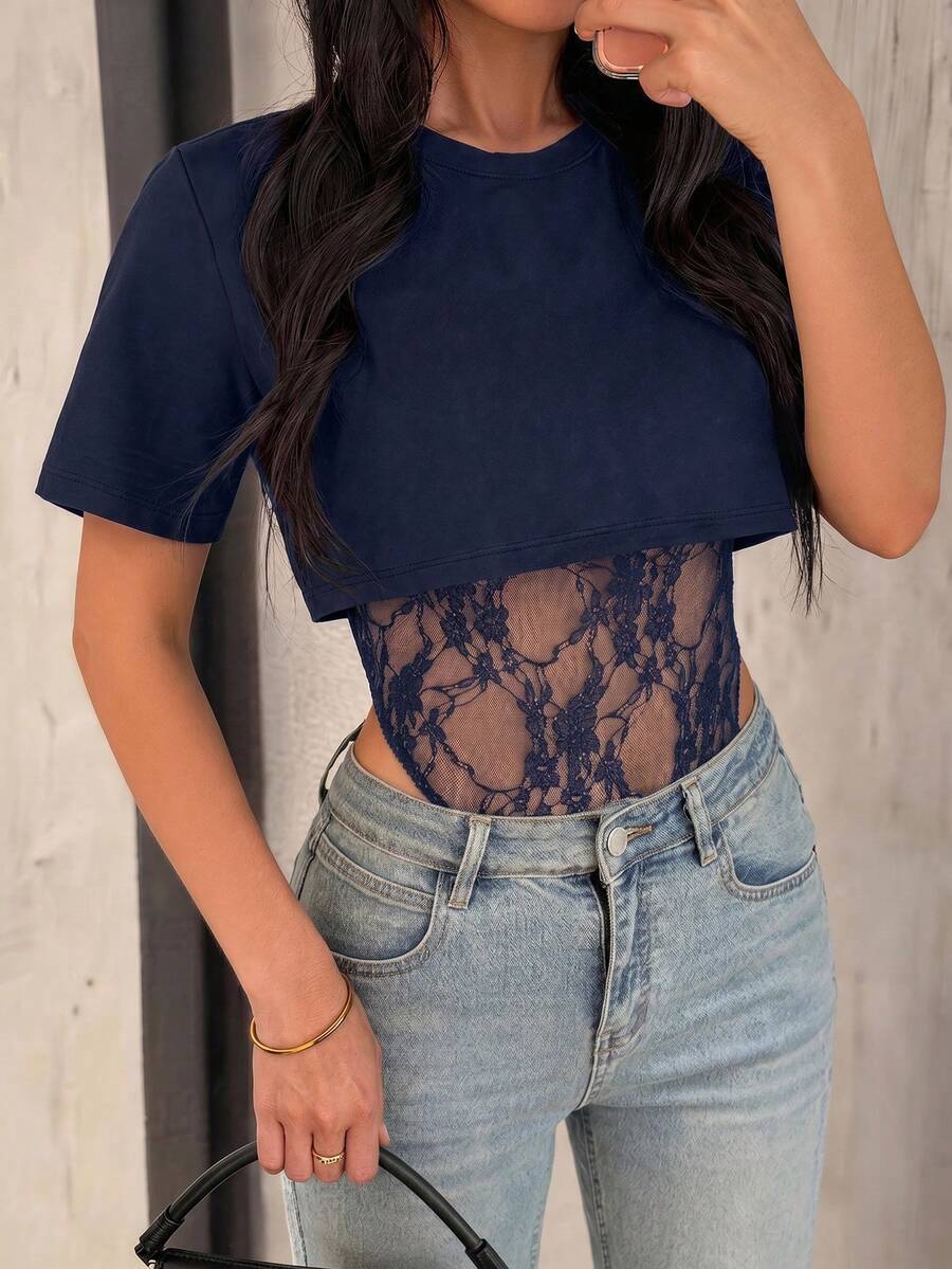 Bộ đồ liền thân tay ngắn 2 trong 1 màu đen gợi cảm Vaiaye dành cho nữ, phối ren và lưới xuyên thấu, thích hợp cho các buổi tiệc mùa hè, phù hợp cho trang phục thường ngày và hẹn hò. - Màu xanh hải quân - Xem 1