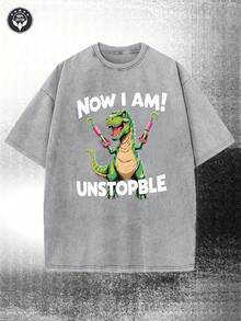 Ein 230G vorgewaschenes Vintage--Shirt in Schwarz, mit Oversized-Schnitt und einem Used-Look, zeigt eine leuchtend grüne Dinosauriergrafik, die einem Tyrannosaurus Rex ähnelt, mit rosa Roboterarmen und einem hellbraunen Bauch.enthält einen kräftigen weißen Text mit einem Bla - Dunkelgrau - Übersicht 1