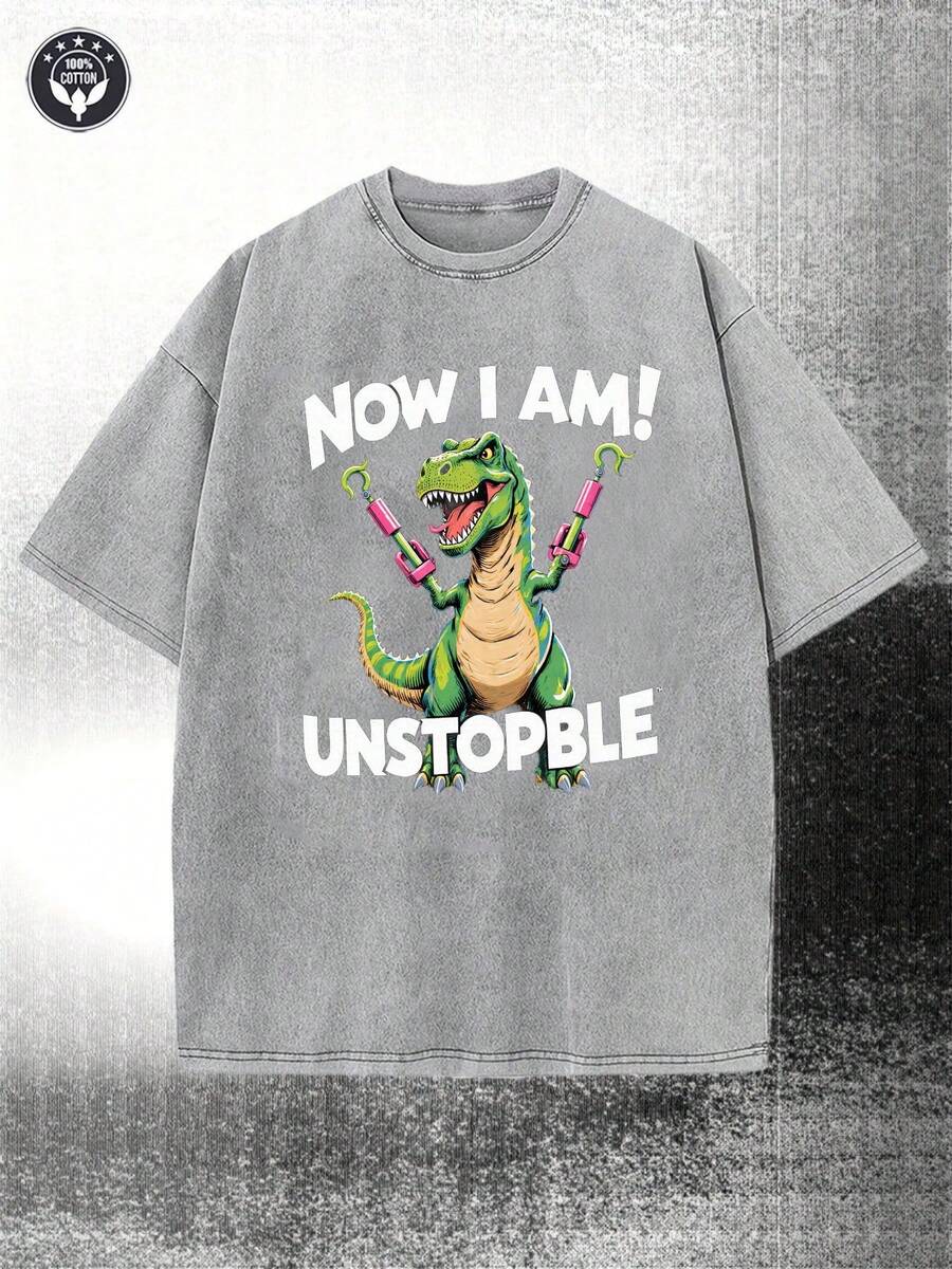 Ein 230G vorgewaschenes Vintage--Shirt in Schwarz, mit Oversized-Schnitt und einem Used-Look, zeigt eine leuchtend grüne Dinosauriergrafik, die einem Tyrannosaurus Rex ähnelt, mit rosa Roboterarmen und einem hellbraunen Bauch.enthält einen kräftigen weißen Text mit einem Bla - Dunkelgrau - Übersicht 1
