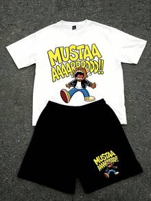 Tween Boy Cartoon Print Crew Neck Short Sleeve T-Shirt And Shorts Set - White + Black - View 1