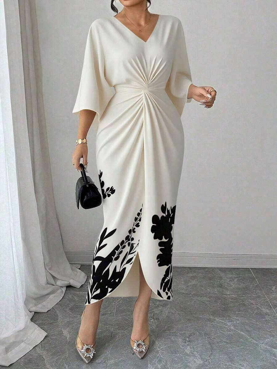 Vestido elegante con estampado para mujeres de talla grande - Albaricoque - Ver 1