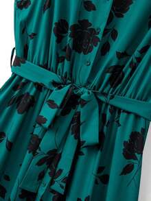 CURVE Vestido camisero largo de mujer talla grande con estampado floral, cuello vuelto, sin mangas y cinturón, de estilo minimalista y elegante, para primavera/verano - Verde - Ver 5