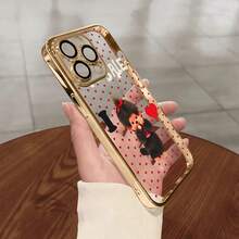 スマホケース TPUケース メッキ加工 レンズ保護カバー付き キャラクターイラスト 可愛いデザイン 大人可愛い 女子向け 柔らかTPU 全面保護 耐衝撃 カメラレンズ保護 17pro Max/17pro/17/11/12/13/14/15/15Pro/15PluS/15Pro Max/16/16Pro/16PluS/16Pro Max/MIN/X/XR 対応対応 インスタ映え プレゼント - 金色 - チェックする 1